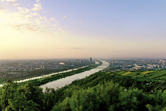 View of vienna from above showing the danube river