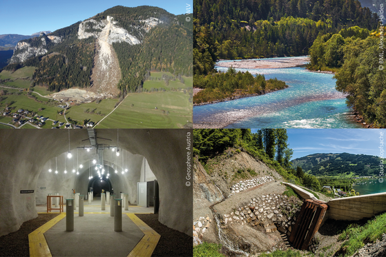 combination of 4 photos from the cross-cutting issues: upper left corner shows a hugh rock slide, upper right corner shows a renaturalized river course, lower left corner shows the earth quake test area in Austria, lower right corner shows a torrent flowing through a filter dam and ending in the lake Hallstatt